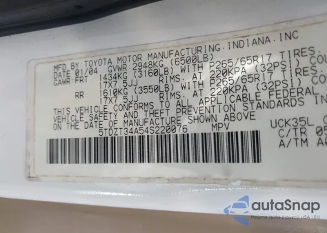 2004 Toyota Sequoia Sr5 V8 from USA, damaged, VIN 5TDZT34A54S220076